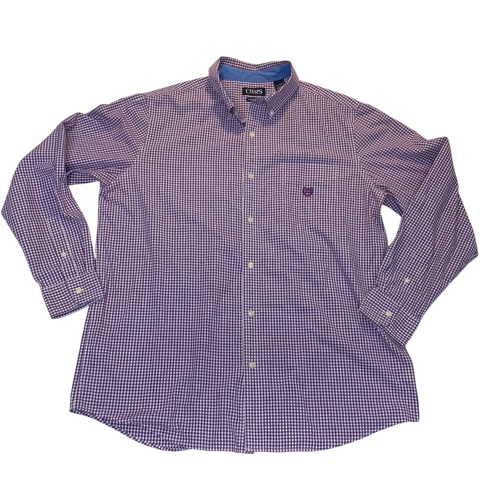 Chaps Easy Care Shirt Men's XL Purple Gingham Check Button Front‎ Long Sleeve